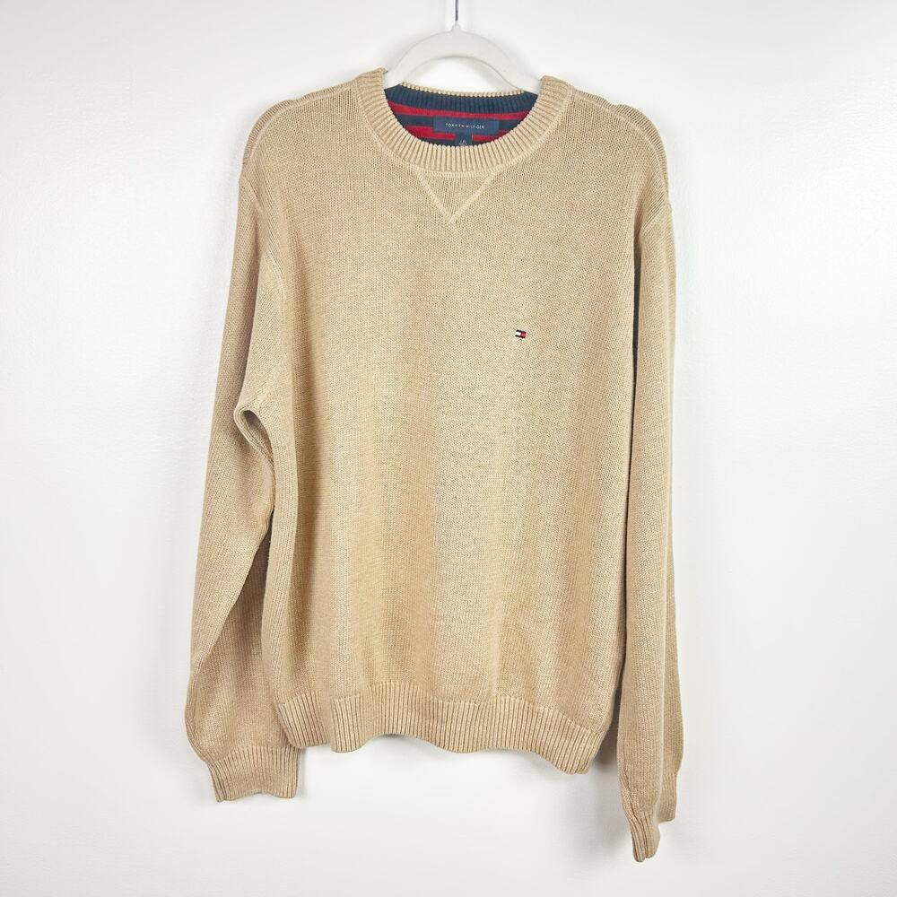 Tommy Hilfiger Men’s Tan Oatmeal Cotton Crew Neck Pullover Sweater Size Large